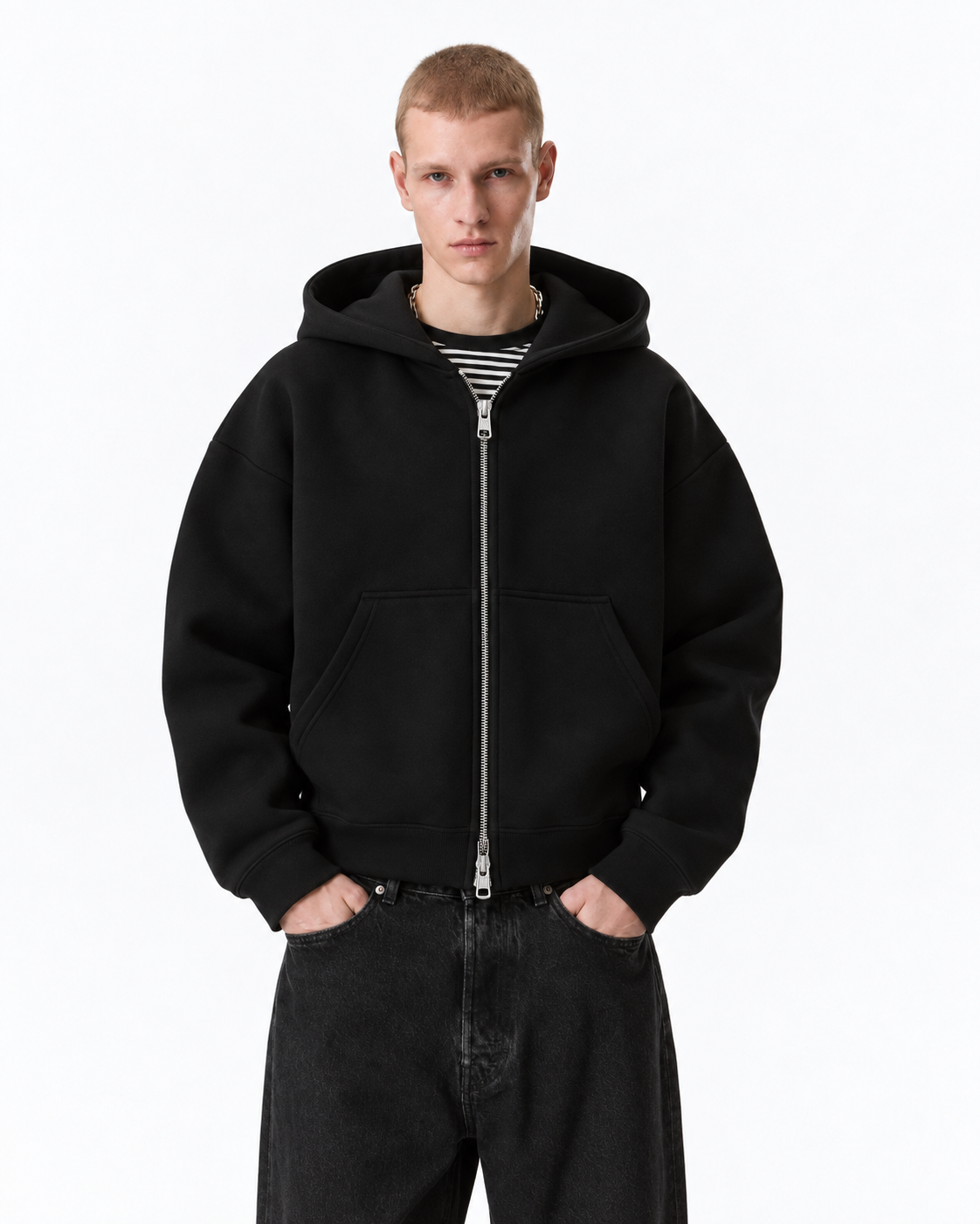 Black Dual Zip Boxy Hoodie